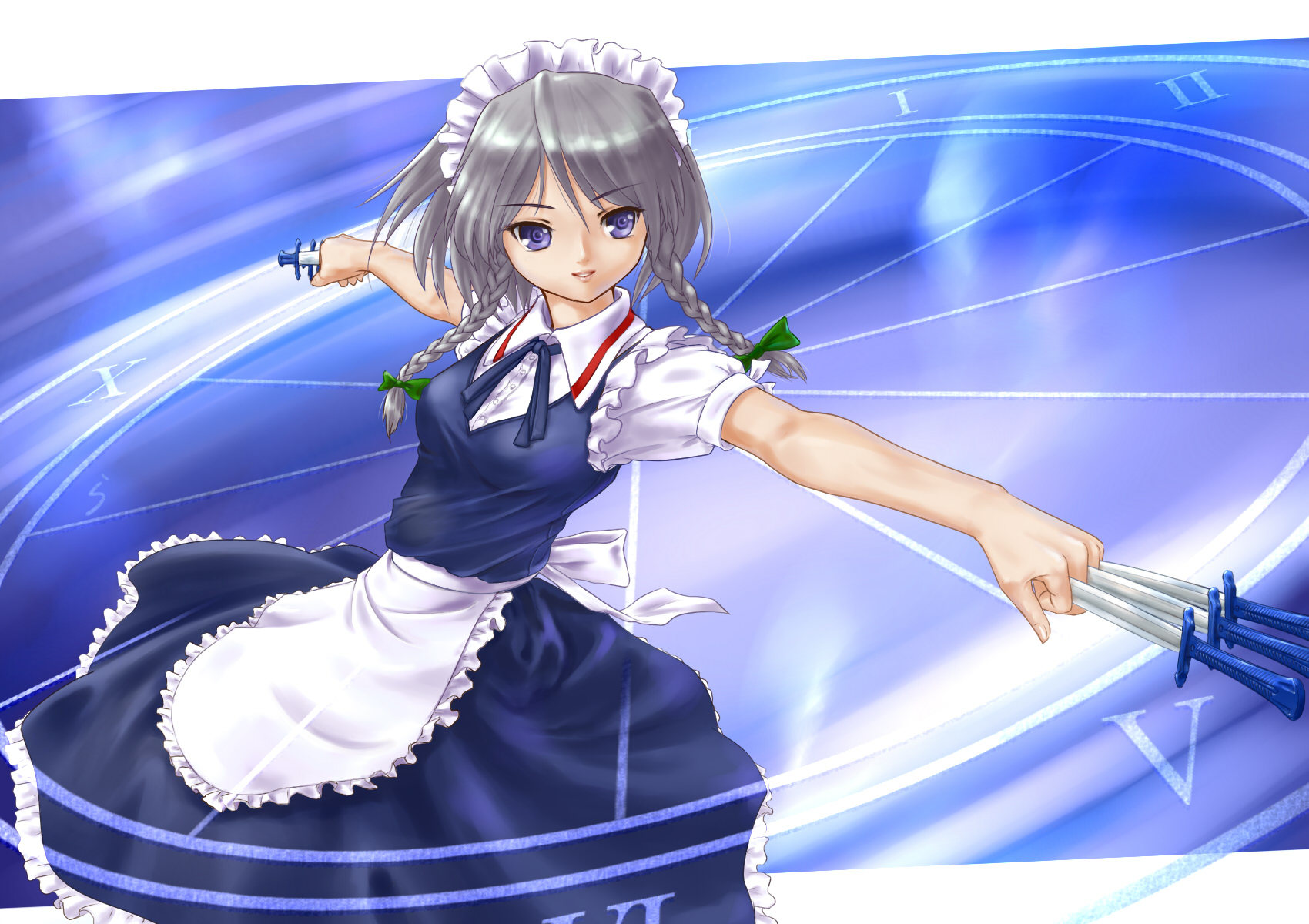 rasukaru, izayoi sakuya, touhou, silver hair, highres, 1girl, blue eyes, braid, breasts, female focus, gradient background, knife, maid, short hair, solo, throwing knife, twin braids, weapon