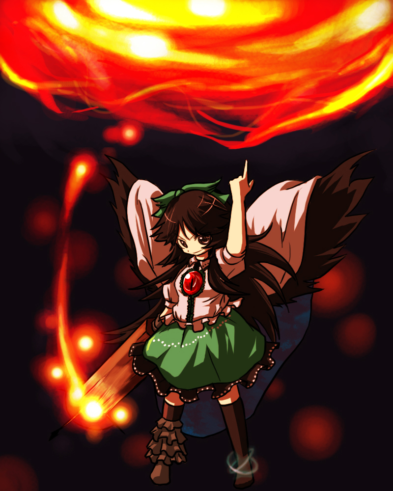 hakika, reiuji utsuho, touhou, bad id, bad pixiv id, 1girl, brown hair, female focus, fire, gradient background, skirt, solo, wings