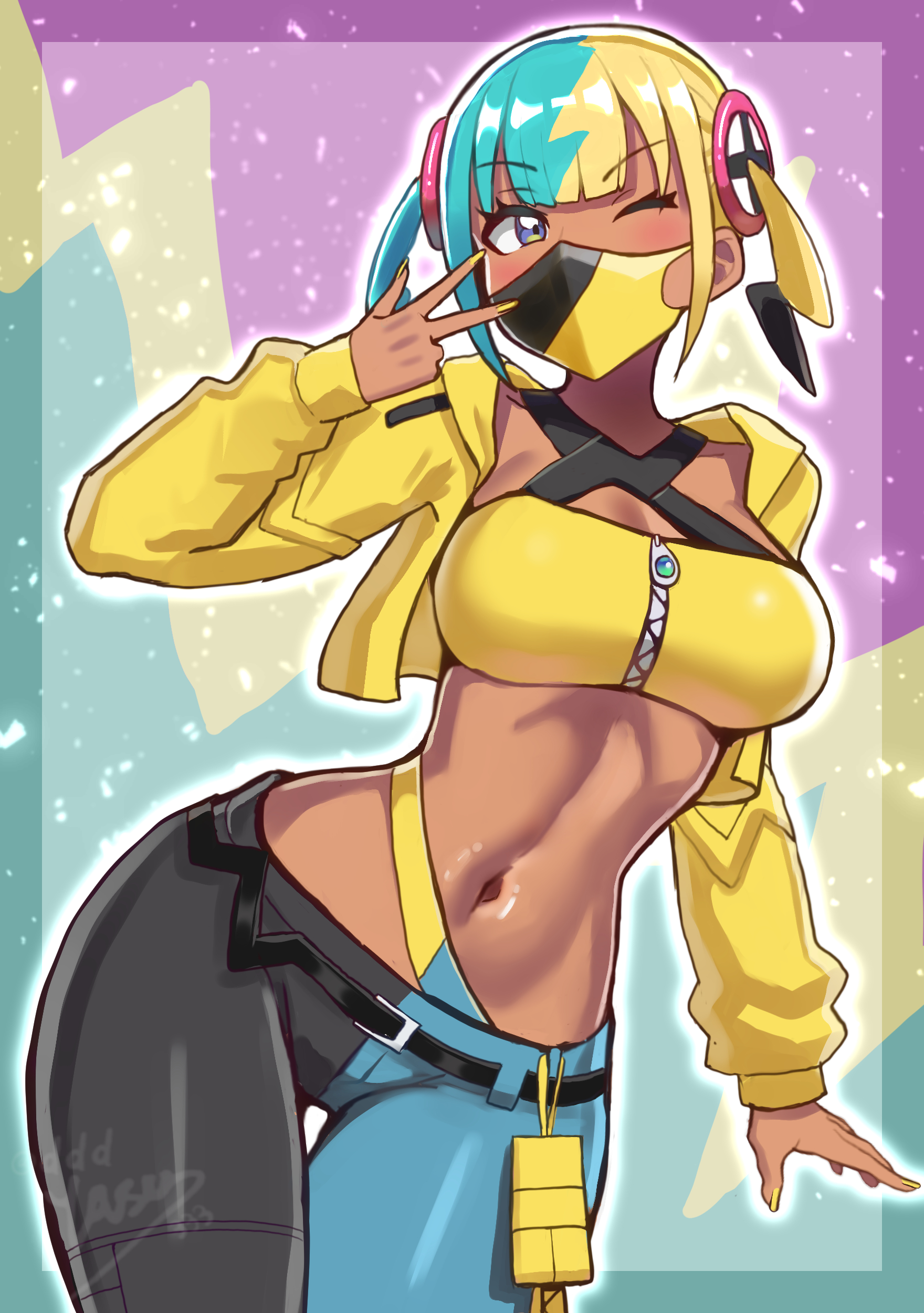 yasu suupatenin, canari (pokemon), nintendo, pokemon, pokemon legends: z-a, absurdres, highres, 1girl, aqua hair, bandeau, black mask, blonde hair, breasts, center-flap bangs, criss-cross halter, halterneck, jacket, long sleeves, mask, medium breasts, mega stone, mouth mask, multicolored hair, navel, one eye closed, short twintails, solo, split-color hair, stomach, twintails, two-tone mask, yellow bandeau, yellow jacket, yellow mask