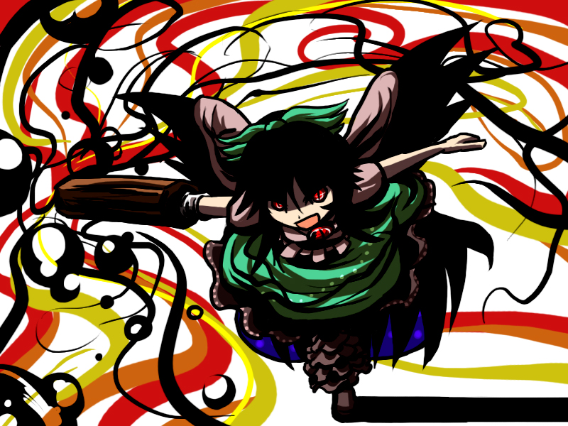 hakika, reiuji utsuho, touhou, bad id, bad pixiv id, 1girl, female focus, full body, red eyes, skirt, solo, wings