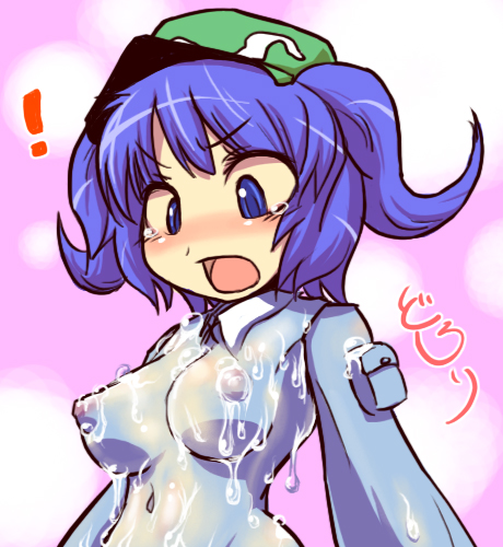 hakika, kawashiro nitori, touhou, bad id, bad pixiv id, lowres, !, 1girl, blue eyes, blue hair, blush, breasts, breasts apart, dissolving clothes, female focus, hat, matching hair/eyes, medium breasts, nipples, see-through clothes, short twintails, solo, surprised, twintails, two side up, wardrobe malfunction