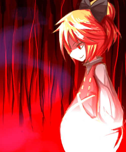 hakika, kurodani yamame, touhou, bad id, bad pixiv id, 1girl, blonde hair, female focus, red eyes, solo