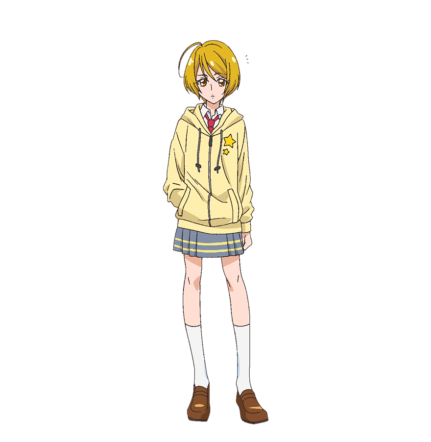 kagayaki homare, hugtto! precure, precure, official art, second-party source, 1girl, ahoge, blonde hair, closed mouth, collared shirt, full body, grey skirt, hand in pocket, hood, hood down, hooded jacket, jacket, kneehighs, l'avenir academy school uniform, loafers, long sleeves, looking at viewer, miniskirt, necktie, pleated skirt, red necktie, school uniform, shirt, shoes, short hair, simple background, skirt, socks, solo, standing, star (symbol), star print, tachi-e, white shirt, white socks, yellow eyes, yellow jacket