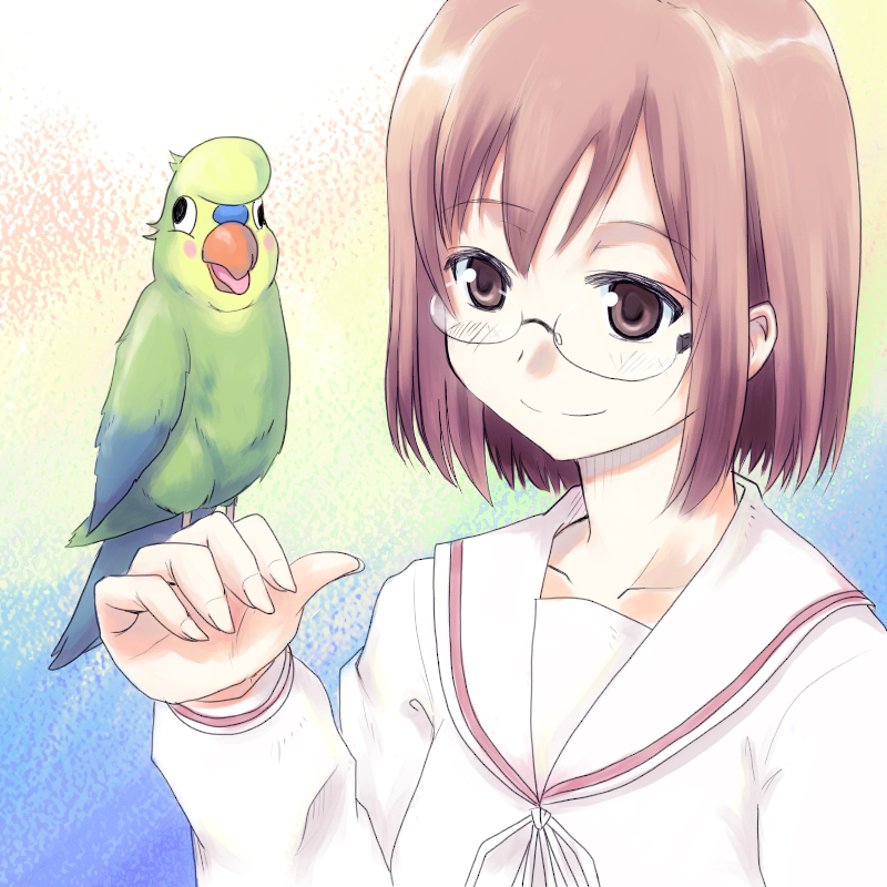 otsutama takashi, gotou saori, inko (toradora), keiko (minami-ke), minami-ke, toradora!, 00s, 1girl, brown eyes, brown hair, female focus, glasses, school, school uniform, serafuku, short hair, smile, solo, voice actor connection