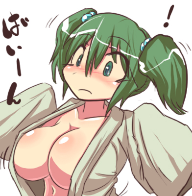 hakika, kisume, touhou, bad id, bad pixiv id, lowres, !, 1girl, aged up, alternate breast size (larger), blush, breasts, female focus, green eyes, green hair, huge breasts, matching hair/eyes, motion lines, no bra, open clothes, open shirt, shirt, short twintails, simple background, solo, twintails, upper body, white background