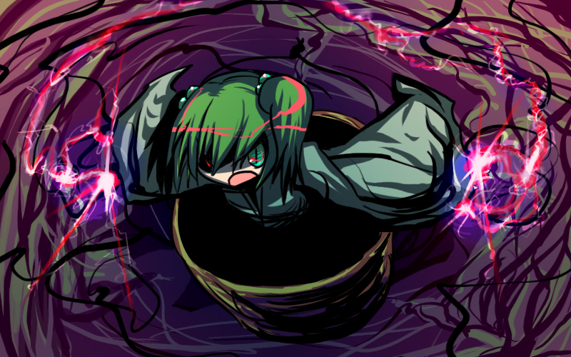 hakika, kisume, touhou, bad id, bad pixiv id, 1girl, bucket, female focus, glowing, glowing eyes, green hair, in bucket, in container, solo