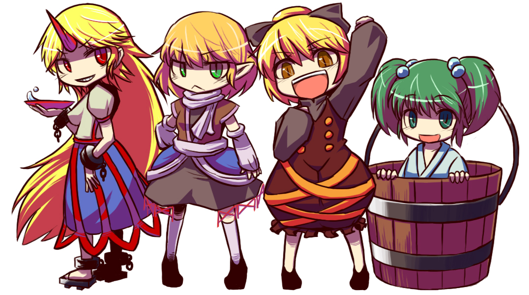 hakika, hoshiguma yuugi, kisume, kurodani yamame, mizuhashi parsee, touhou, bad id, bad pixiv id, 4girls, bucket, chibi, cup, female focus, horns, in bucket, in container, multiple girls, sakazuki, single horn