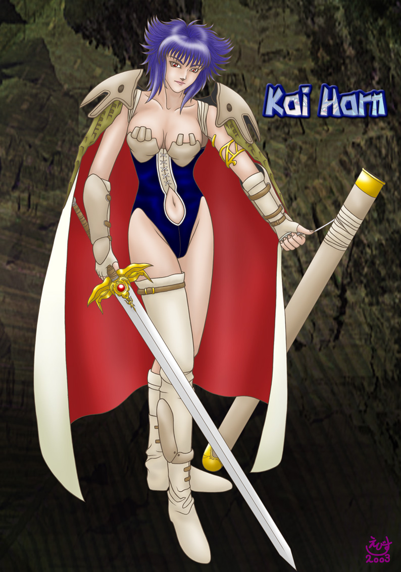 sbs, kai harn, bastard!!, 1girl, armor, blue hair, boots, breasts, cape, cleavage, elbow gloves, female focus, fingerless gloves, gloves, knee boots, large breasts, leotard, navel, red eyes, short hair, single thighhigh, solo, spiked hair, sword, thighhighs, weapon