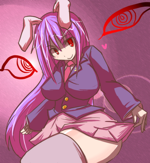 hakika, reisen udongein inaba, touhou, bad id, bad pixiv id, 1girl, animal ears, blazer, breasts, female focus, gradient background, heart, hip focus, jacket, large breasts, long hair, plump, purple hair, rabbit ears, red eyes, skirt, smile, solo, thick thighs, thighhighs, thighs, wide hips, zettai ryouiki