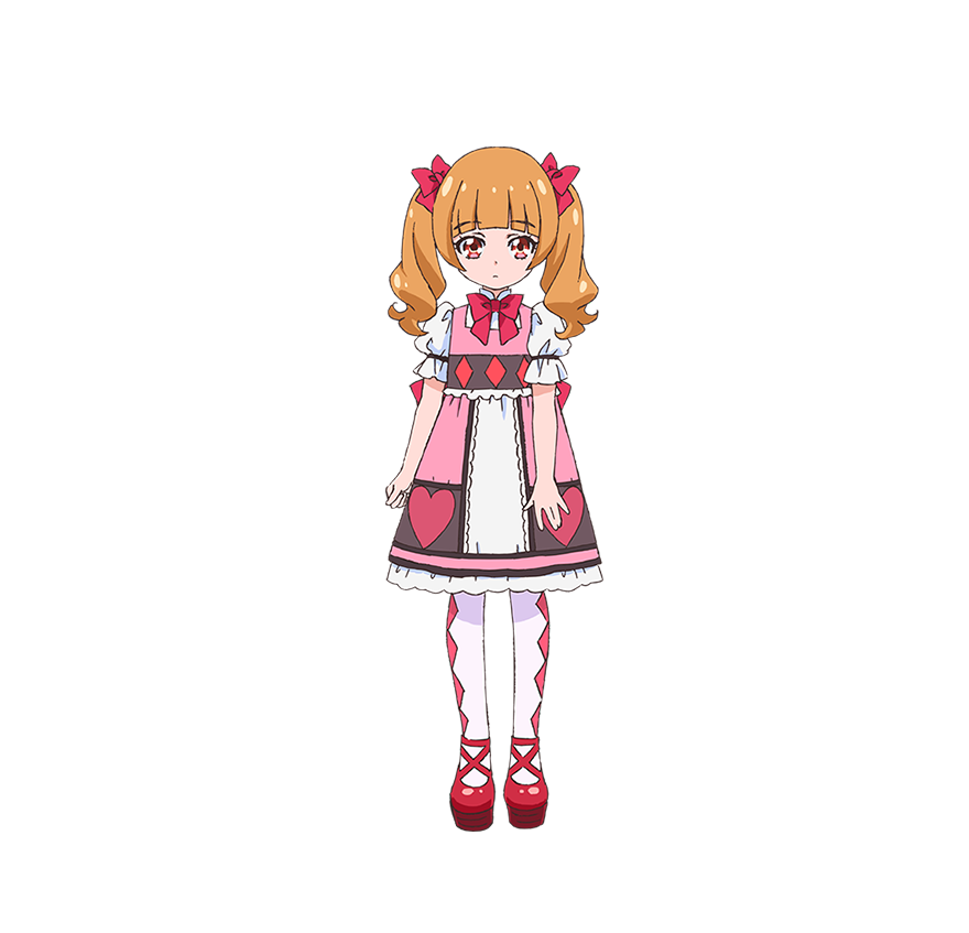 aisaki emiru, hugtto! precure, precure, official art, second-party source, 1girl, blunt bangs, bow, brown hair, closed mouth, dress, full body, hair bow, long hair, looking at viewer, pantyhose, pink dress, puffy short sleeves, puffy sleeves, red eyes, red shoes, shoes, short sleeves, simple background, solo, standing, tachi-e, twintails, white pantyhose
