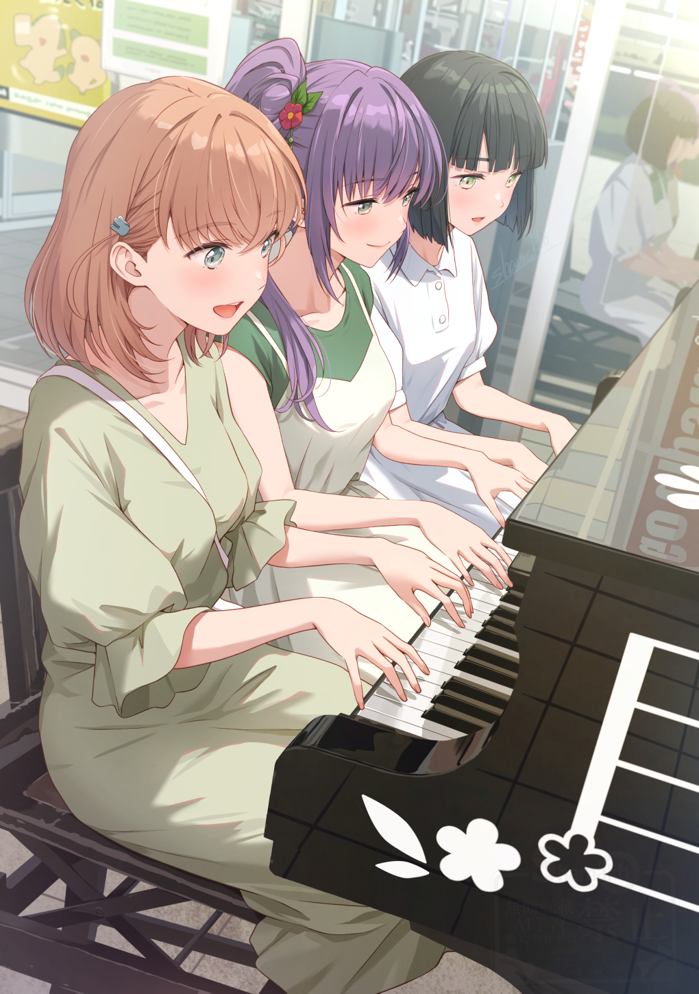 shamakho, hinoshita kaho, hinoshita kaho (osanpo nikki), momose ginko, momose ginko (osanpo nikki), otomune kozue, otomune kozue (osanpo nikki), hasu no sora jogakuin school idol club osanpo nikki, link! like! love live!, love live!, commentary, hashtag-only commentary, highres, location request, 3girls, :d, aqua eyes, bag, between breasts, black hair, blunt bangs, blunt ends, bob cut, breasts, cerise bouquet, collared dress, dress, grand piano, green dress, green eyes, green shirt, hair bun, hair ornament, handbag, instrument, long hair, medium breasts, medium hair, multiple girls, music, open mouth, outdoors, piano, pinafore dress, playing instrument, playing piano, polo dress, puffy short sleeves, puffy sleeves, purple hair, rabbit hair ornament, shirt, short hair, short sleeves, side ponytail, sidelocks, single side bun, sleeveless, sleeveless dress, smile, strap between breasts, two side up, white bag, white dress