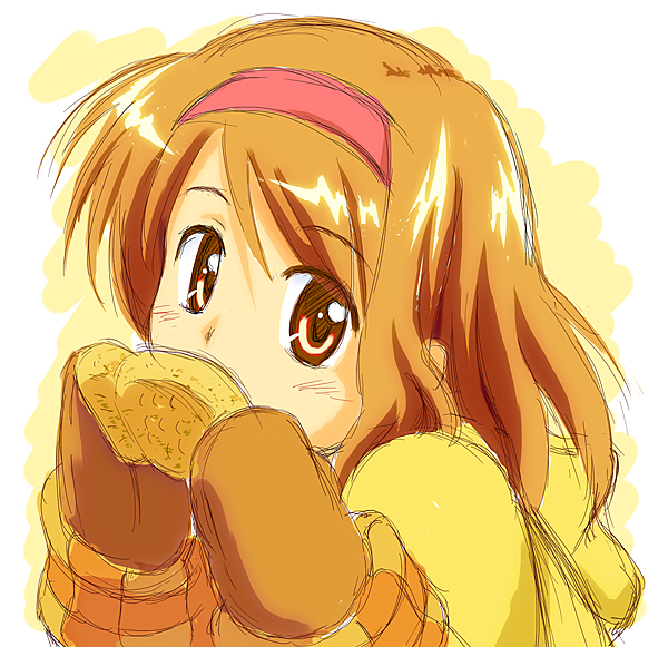 enosawa kou, tsukimiya ayu, kanon, brown hair, eating, food, mittens, red eyes, short hair, sketch, solo, taiyaki, wagashi