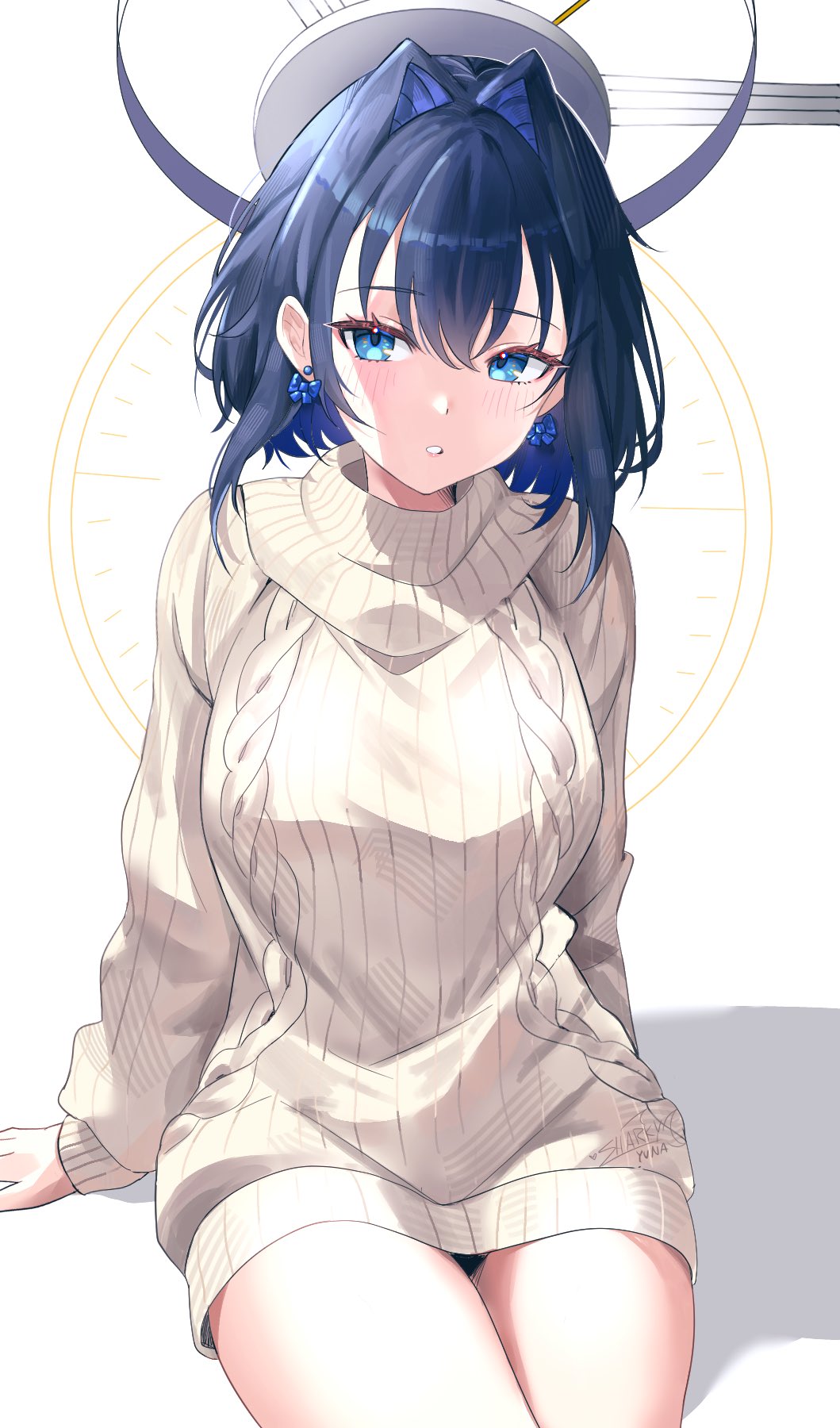 sharkyyuna, ouro kronii, hololive, hololive english, commentary, english commentary, highres, 1girl, alternate costume, blue eyes, blue hair, bow, bow earrings, breasts, choppy bangs, cowboy shot, earrings, hair between eyes, hair intakes, halo, jewelry, large breasts, long sleeves, looking at viewer, mechanical halo, medium hair, no pants, parted lips, ribbed sweater, simple background, sitting, solo, sweater, thighs, virtual youtuber, white background, white sweater