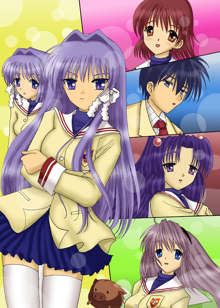 seraphina, botan (clannad), fujibayashi kyou, fujibayashi ryou, furukawa nagisa, ichinose kotomi, okazaki tomoya, sakagami tomoyo, clannad, 00s, 1boy, 5girls, bad anatomy, multiple girls, poorly drawn, school uniform, siblings, sisters, split screen, thighhighs, twins