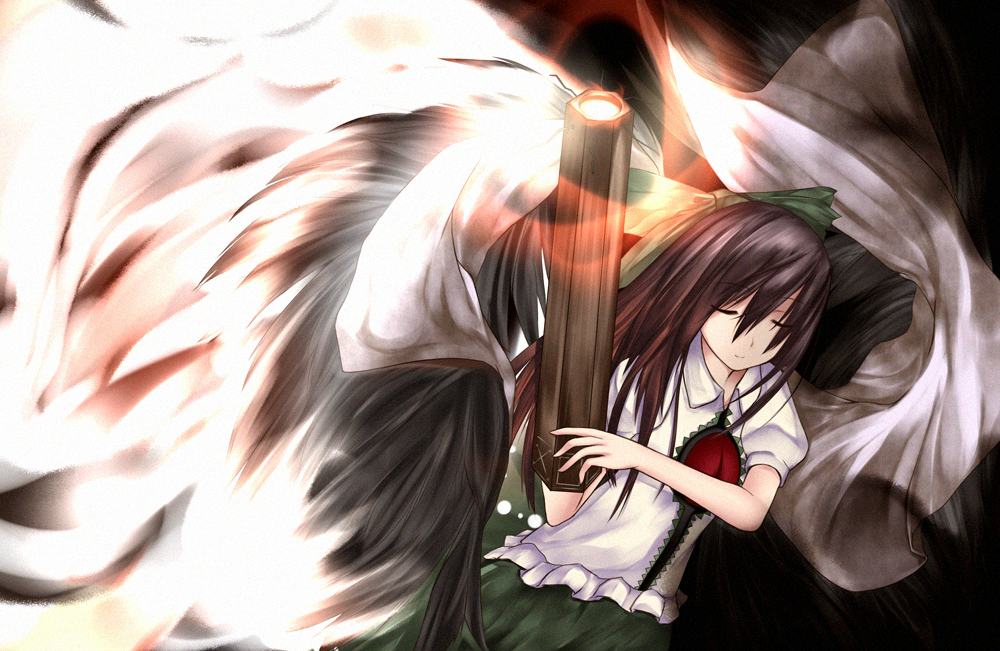 metalwasabi, reiuji utsuho, touhou, bad id, bad pixiv id, 1girl, brown hair, closed eyes, female focus, skirt, solo, wings