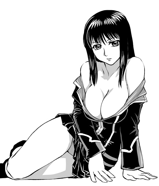 ueyama michirou, setsuko ohara, banpresto, super robot wars, 1boy, breasts, cleavage, clothes lift, clothes pull, greyscale, large breasts, male focus, monochrome, panties, pantyshot, shirt pull, sitting, skirt, skirt lift, solo, underwear