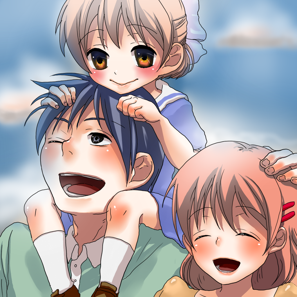 arinko, seishun arinko, furukawa nagisa, okazaki tomoya, okazaki ushio, clannad, bad id, bad pixiv id, 00s, 1boy, 2girls, blue eyes, blue hair, brown eyes, brown hair, carrying, closed eyes, family, husband and wife, multiple girls, one eye closed, school uniform, short hair, shoulder carry, wink