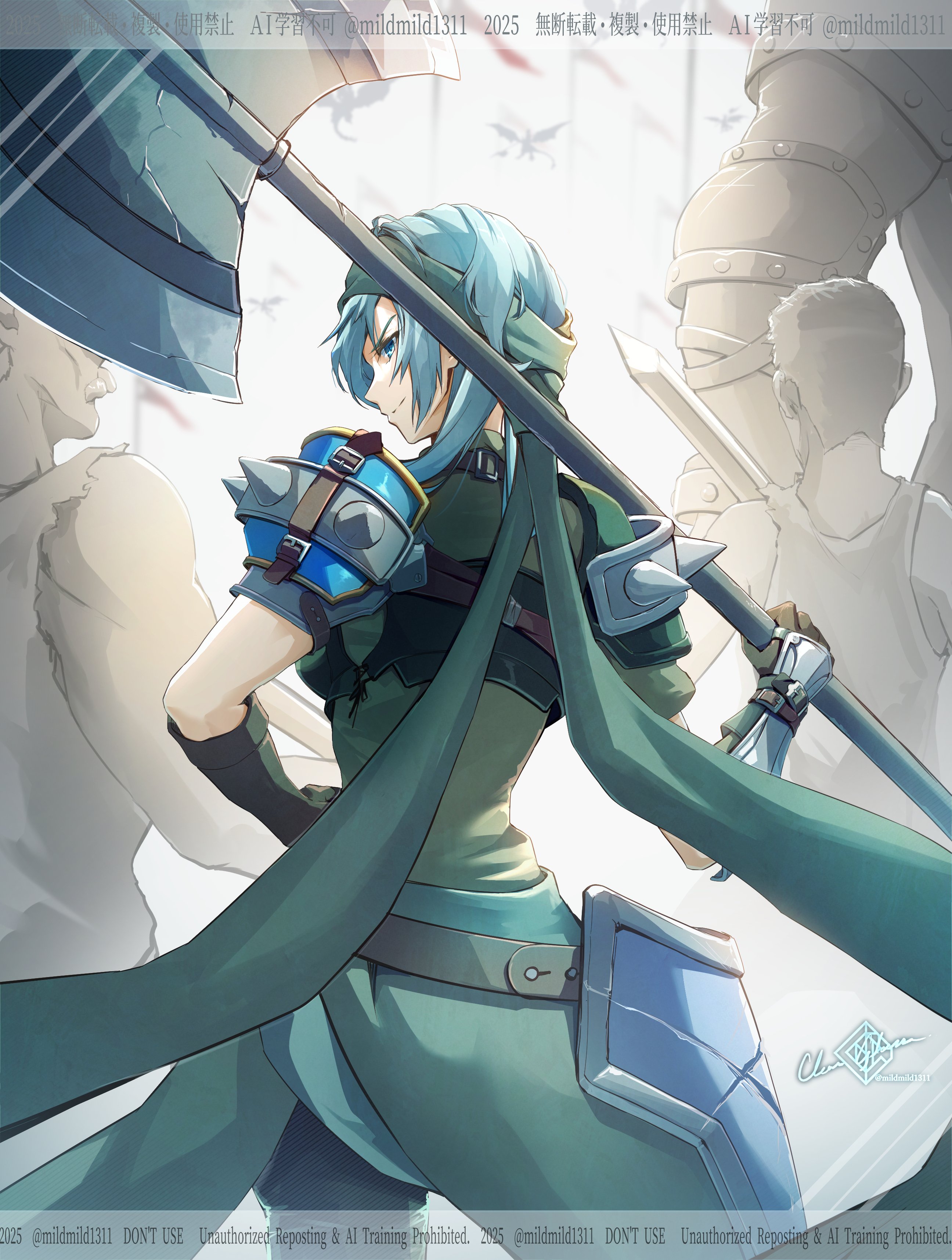 clear glass (mildmild1311), echidna (fire emblem), fire emblem, fire emblem: the binding blade, nintendo, absurdres, highres, 1girl, 3boys, armor, axe, bandana, battle axe, blue eyes, blue hair, closed mouth, from behind, gloves, grey hair, holding, holding axe, long hair, multiple boys, over shoulder, pants, pauldrons, shoulder armor, shoulder pads, shoulder spikes, smile, solo focus, spiked pauldrons, spikes, sword, tunic, weapon