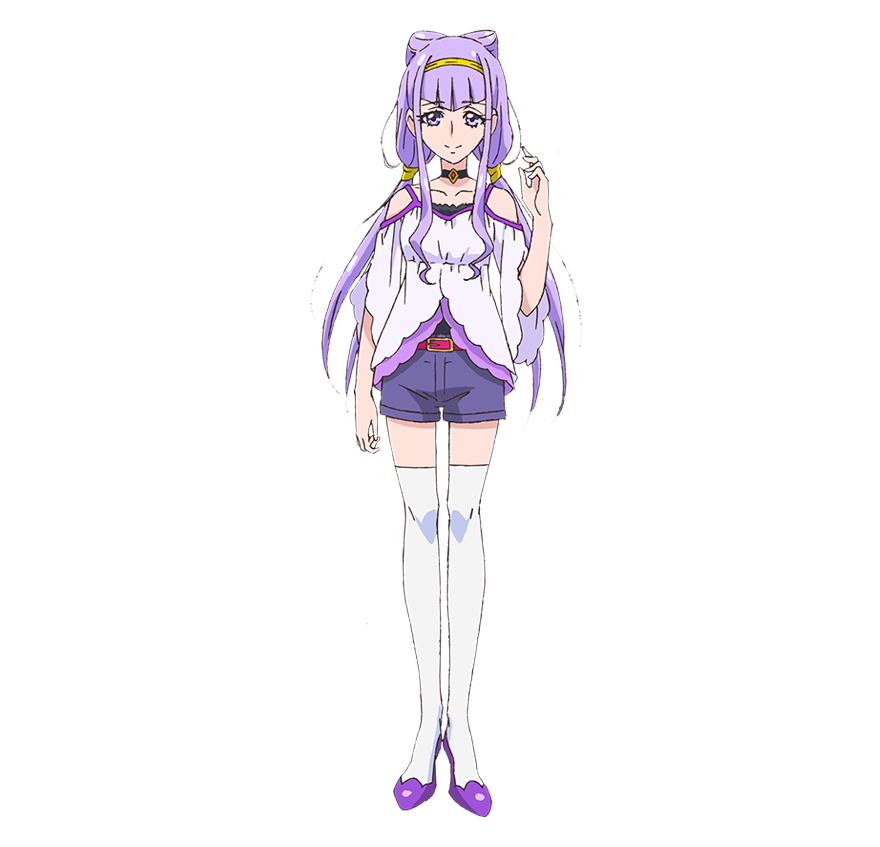 ruru amour, hugtto! precure, precure, official art, 1girl, blue shorts, blunt bangs, closed mouth, cone hair bun, double bun, full body, hair bun, hairband, long hair, looking at viewer, low twintails, purple eyes, purple hair, purple shoes, shirt, shoes, shorts, simple background, smile, solo, standing, tachi-e, thighhighs, transparent background, twintails, white shirt, white thighhighs