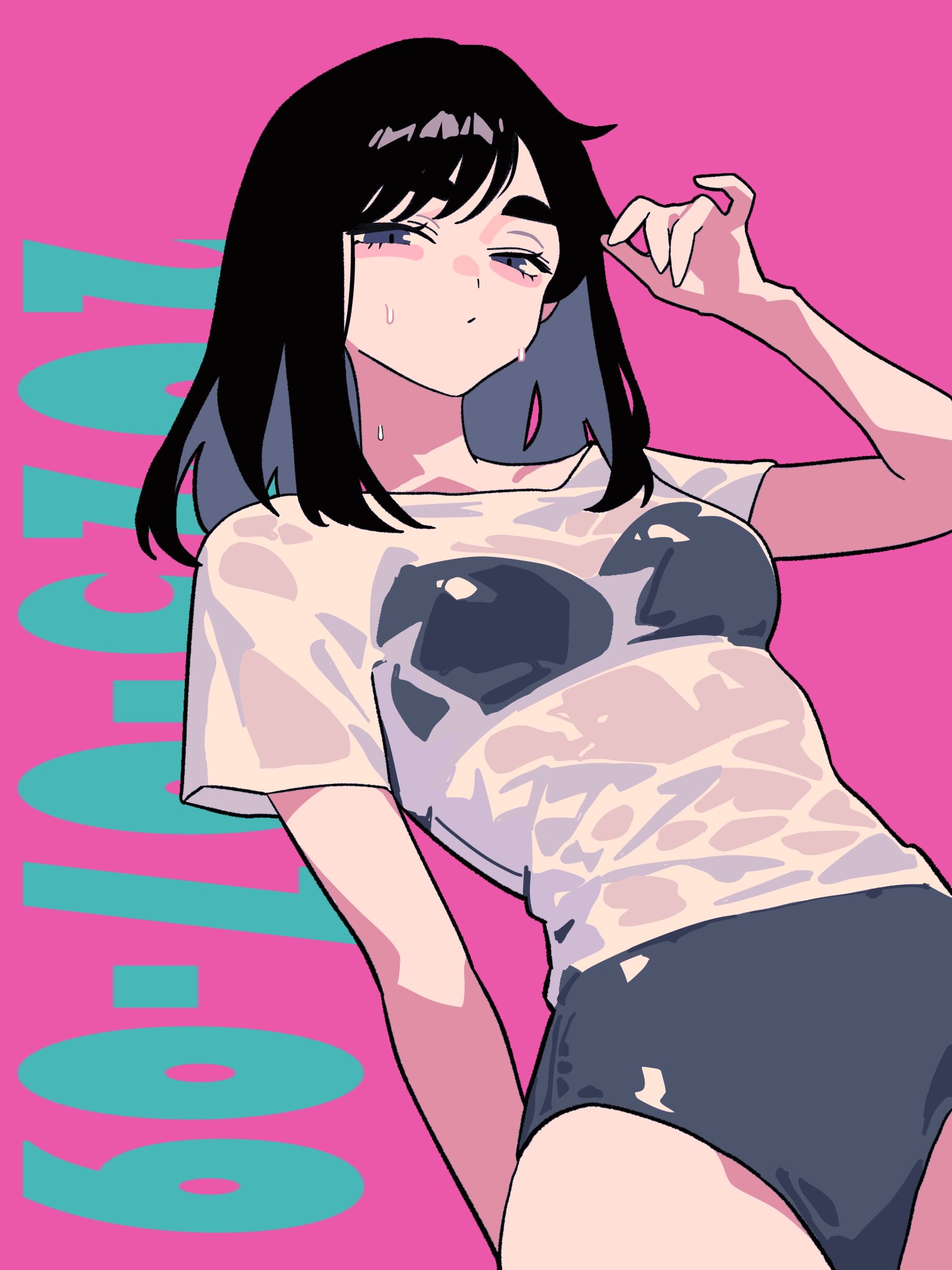 minminmince, original, hashtag-only commentary, highres, 1girl, arm behind back, bikini, black bikini, black hair, breasts, dated, long hair, looking at viewer, pink background, see-through clothes, see-through shirt, shirt, solo, swimsuit, water drop, wet, wet clothes, wet shirt, white shirt