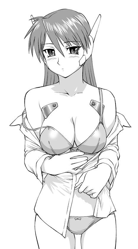 ueyama michirou, serio (to heart), to heart, to heart (series), 1girl, android, blush, bottomless, bow, bow panties, bra, breasts, cleavage, clothes pull, dress shirt, female focus, greyscale, large breasts, lingerie, long hair, monochrome, no pants, open clothes, open shirt, panties, robot ears, shirt, shirt pull, solo, strap slip, underwear