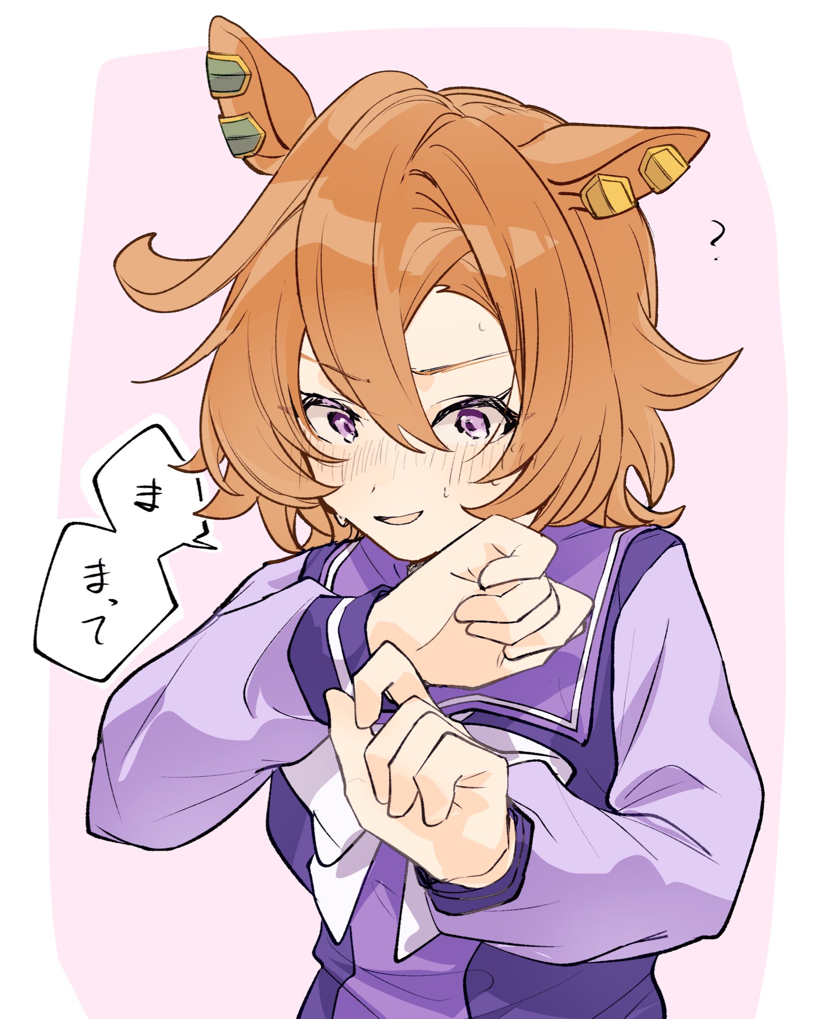 amano (amano miko), t.m. opera o (umamusume), umamusume, umamusume: beginning of a new era, umamusume: road to the top, highres, 1girl, ahoge, animal ears, breasts, ear ornament, ear piercing, hair between eyes, horse ears, horse girl, long sleeves, looking at viewer, open mouth, orange hair, piercing, purple eyes, school uniform, shirt, short hair, skirt, smile, solo, tracen school uniform