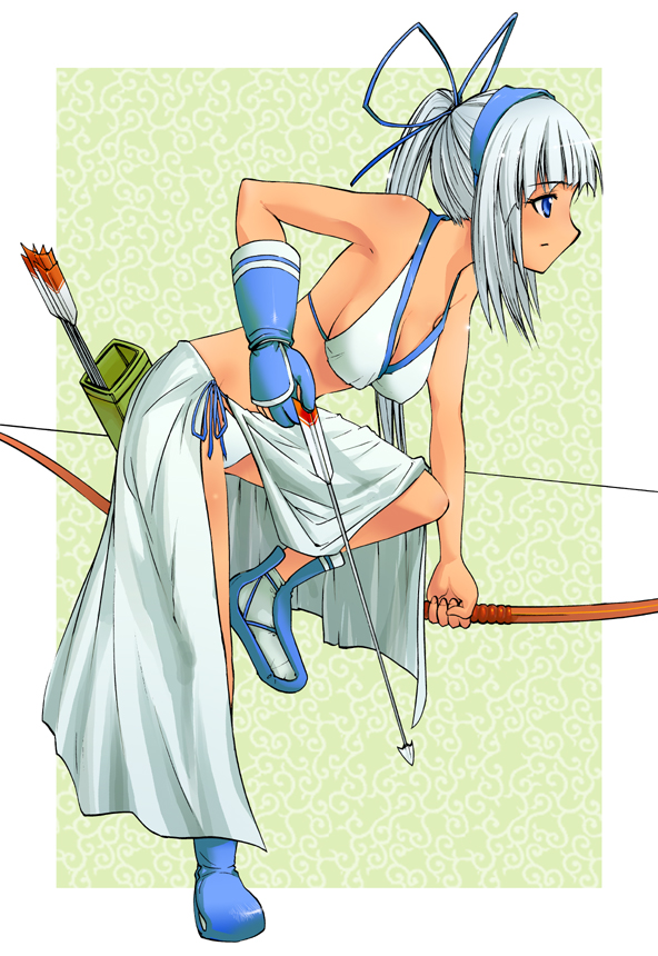10ro, majikina mina, samurai spirits, snk, 1girl, arrow (projectile), bow (weapon), breasts, female focus, medium breasts, panties, ponytail, ribbon, solo, underwear, weapon, white hair