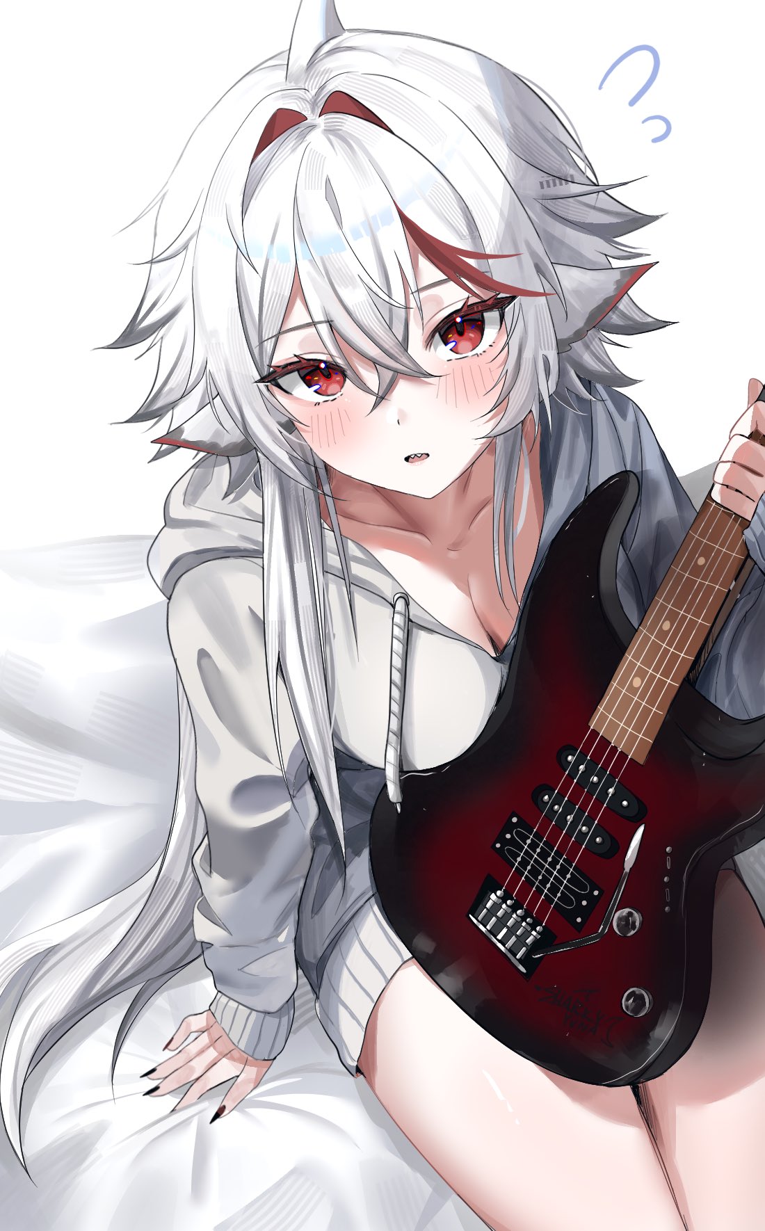 sharkyyuna, indie virtual youtuber, commentary, english commentary, highres, 1girl, animal ears, black nails, breasts, cleavage, collarbone, cowboy shot, crossed bangs, double-parted bangs, flying sweatdrops, from above, grey hoodie, guitar, hair between eyes, holding, holding guitar, holding instrument, hood, hood down, hoodie, instrument, long hair, long sleeves, looking at viewer, medium breasts, multicolored hair, parted lips, red eyes, red streaks, sharkyyuna (vtuber), sitting, sleeves past wrists, solo, streaked hair, virtual youtuber, white background, white hair