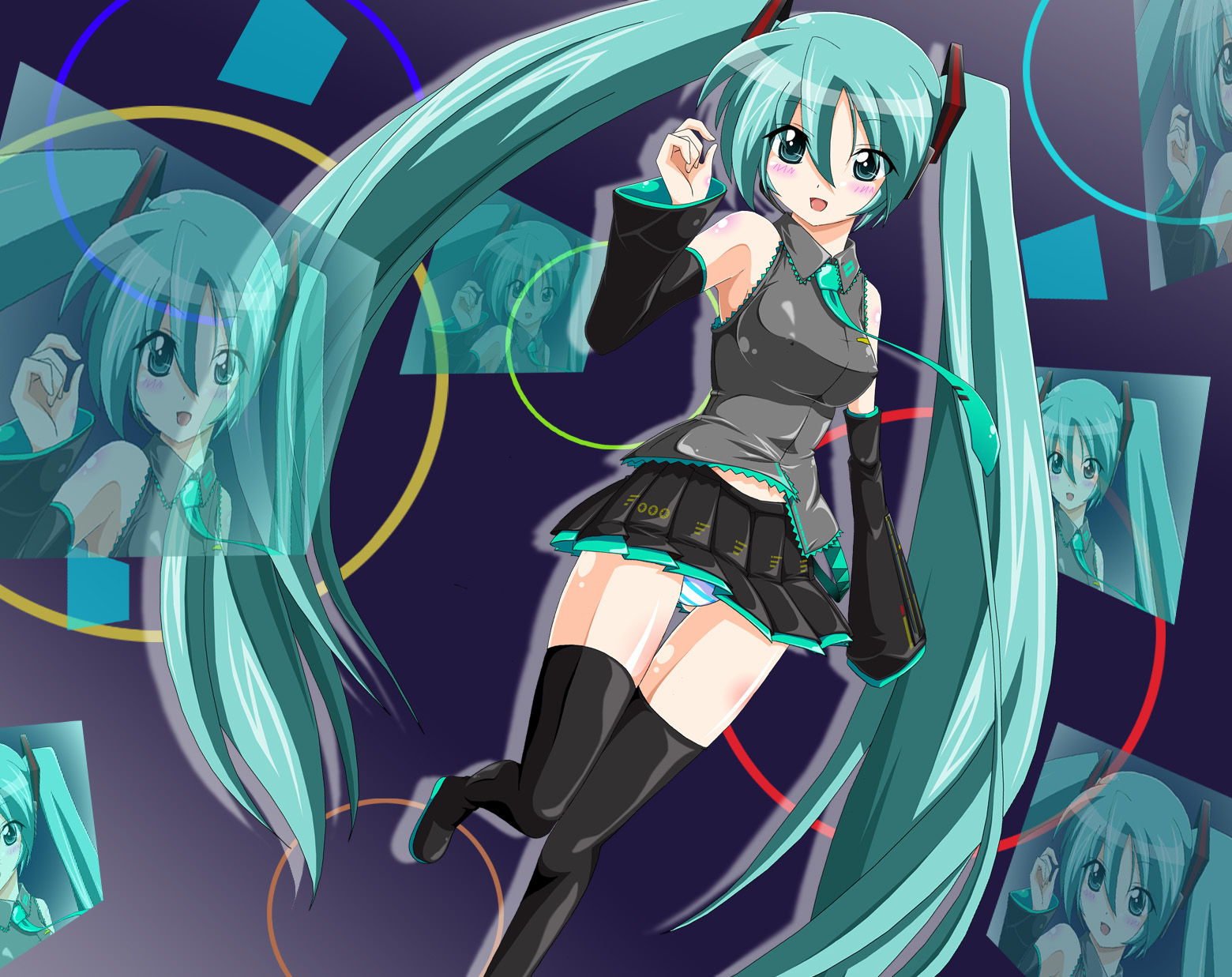 uripon, hatsune miku, vocaloid, highres, aqua eyes, aqua hair, blush, detached sleeves, green eyes, green hair, headphones, long hair, necktie, panties, skirt, solo, striped clothes, striped panties, thighhighs, twintails, underwear, very long hair