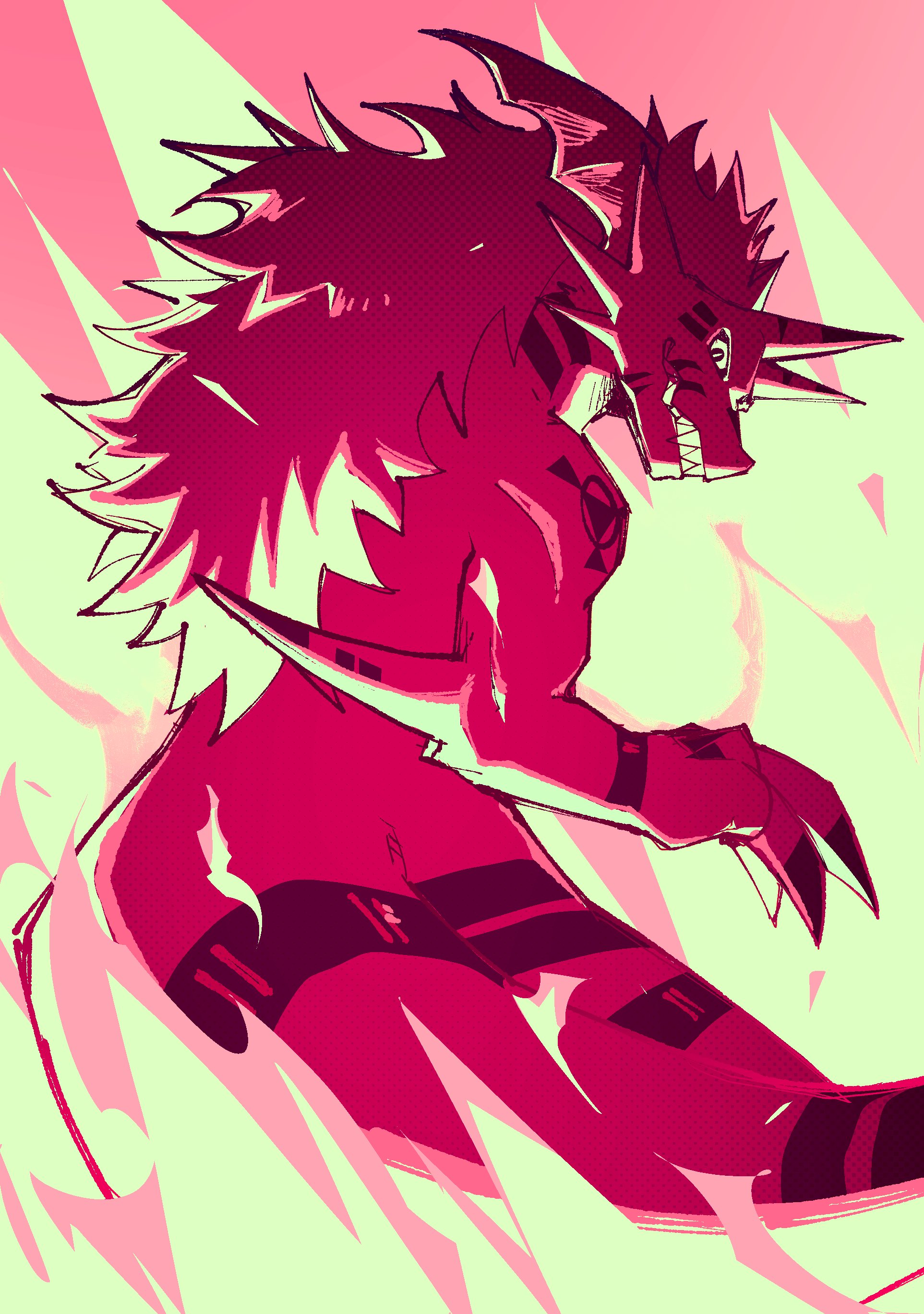 4th chaos emerald, growmon, digimon, absurdres, highres, claws, digimon (creature), digital hazard, dinosaur, dragon, horns, long hair, looking at viewer, monster, no humans, open mouth, sharp teeth, solo, standing, tail, teeth, yellow eyes