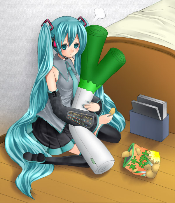 jenny (je2live), hatsune miku, vocaloid, bad id, bad pixiv id, 1girl, aqua eyes, aqua hair, bed, blue nails, chips (food), detached sleeves, female focus, food, headset, kneeling, long hair, nail polish, necktie, potato chips, skirt, solo, spring onion, thighhighs, twintails, very long hair