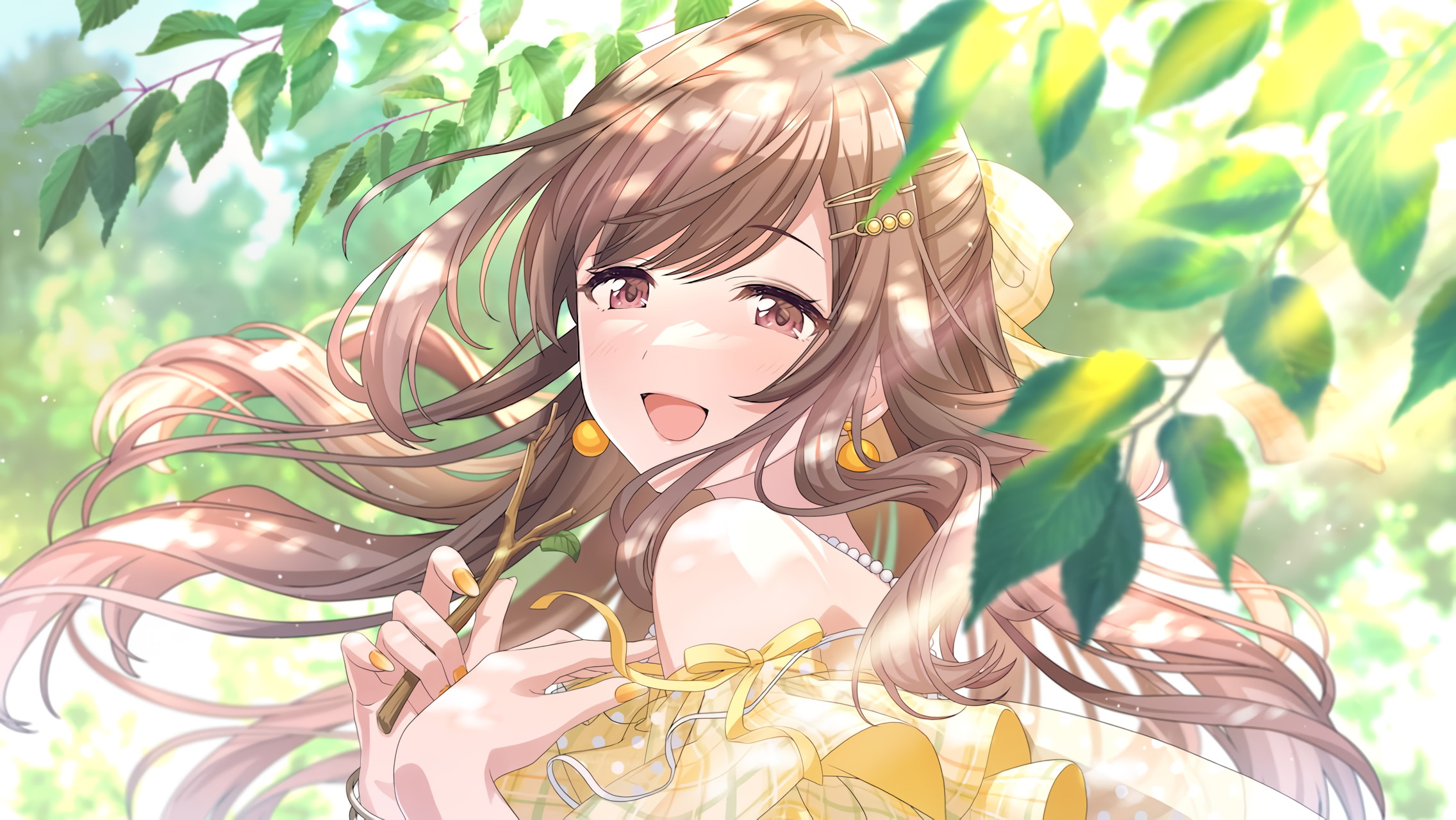 tsukioka kogane, idolmaster, idolmaster shiny colors, game cg, official art, 1girl, brown hair, earrings, hair ornament, hairclip, holding, jewelry, leaf, nail polish, open mouth, red eyes, solo, twig