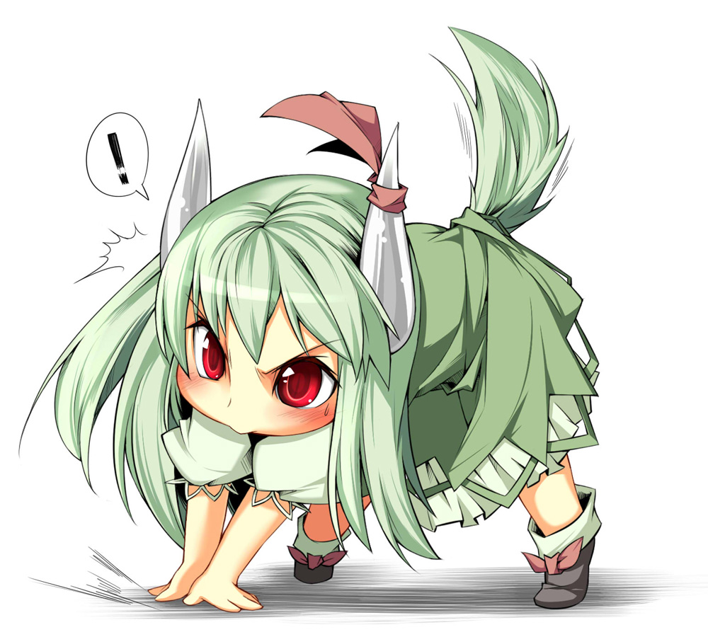 beihan, kokka han, ex-keine, kamishirasawa keine, touhou, !, 1girl, :>, aged down, all fours, angry, blush, caved (touhou), chibi, female focus, green hair, horns, long hair, red eyes, ribbon, slit pupils, solo, tail