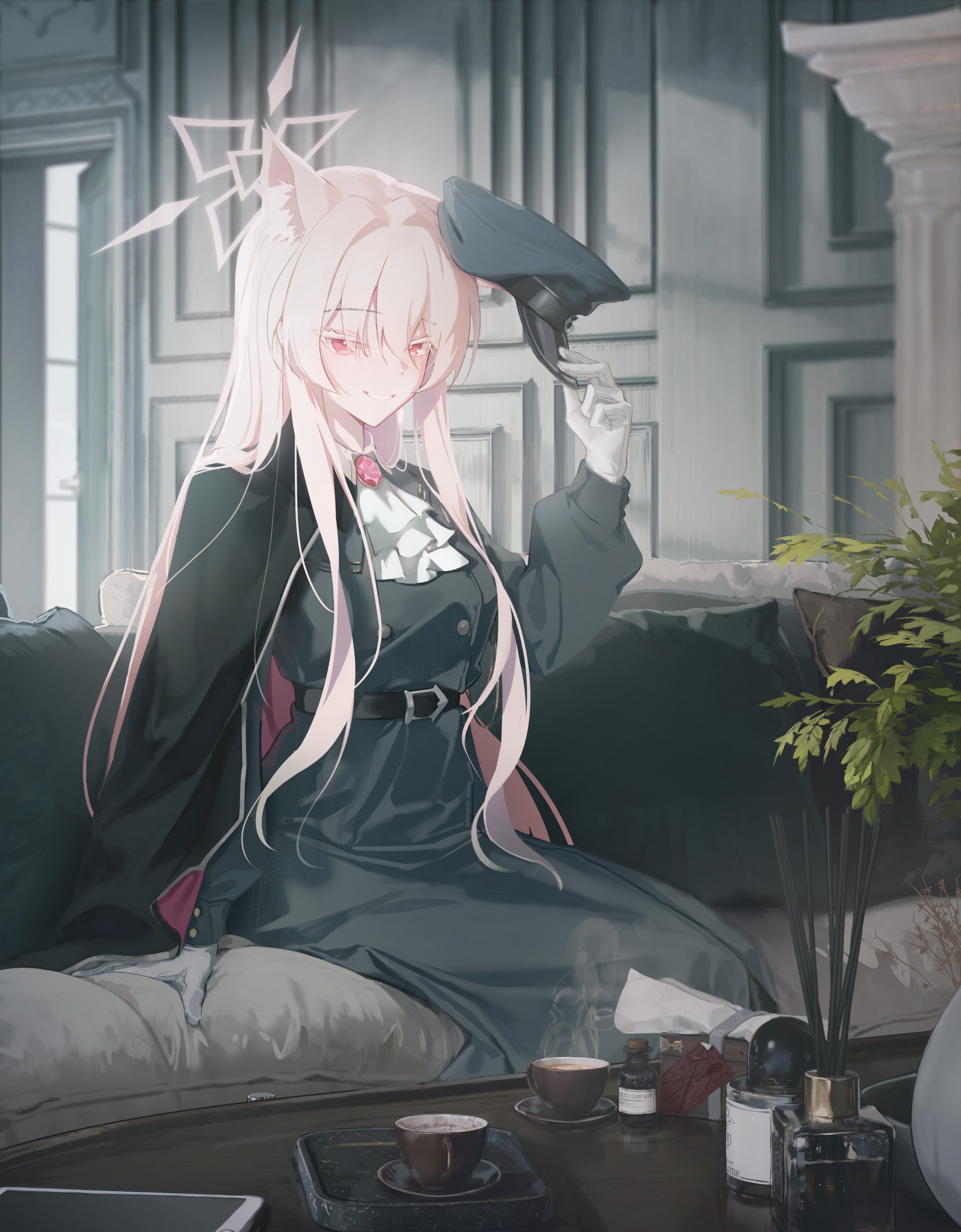 guan byeol, akira (blue archive), akira (miria) (blue archive), blue archive, absurdres, highres, 1girl, animal ear fluff, animal ears, ascot, black cape, blush, brooch, cape, cat ears, cat girl, cat tail, coat, green coat, green hat, grin, hair between eyes, halo, hat, holding, holding removed eyewear, jewelry, long hair, official alternate costume, peaked cap, pink hair, pink halo, red eyes, side cape, sidelocks, smile, solo, tail, unworn eyewear, white ascot