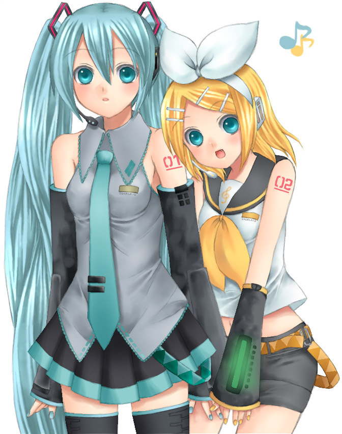 jenny (je2live), hatsune miku, kagamine rin, vocaloid, 2girls, aqua eyes, aqua hair, blonde hair, blue nails, bow, detached sleeves, hair bow, hair ornament, hairclip, headset, long hair, midriff, multiple girls, musical note, nail polish, necktie, short hair, shorts, skirt, thighhighs, twintails, very long hair, yellow nails, zettai ryouiki