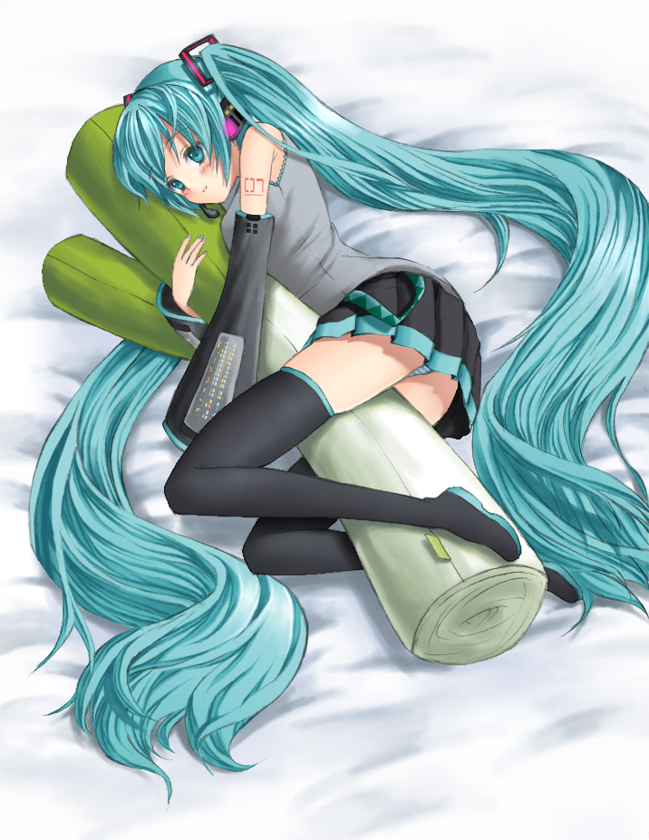 jenny (je2live), hatsune miku, vocaloid, 1girl, aqua eyes, aqua hair, detached sleeves, female focus, headset, long hair, lying, panties, pantyshot, skirt, solo, spring onion, striped clothes, striped panties, thighhighs, twintails, underwear, very long hair