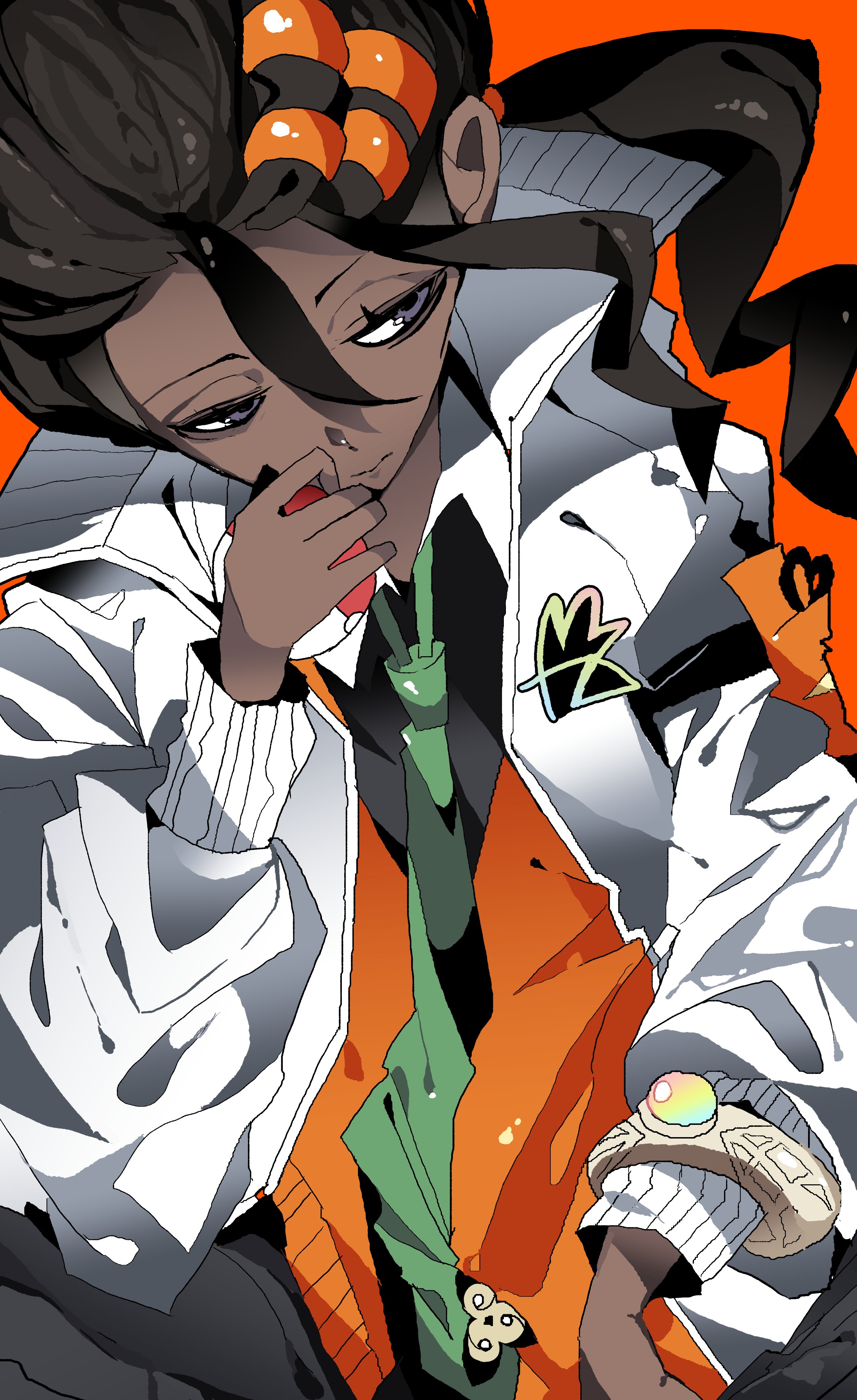 cttn1117, naveen (pokemon), nintendo, pokemon, pokemon legends: z-a, absurdres, highres, 1boy, black hair, closed mouth, collared shirt, dark-skinned male, dark skin, green necktie, holding, holding poke ball, jacket, long hair, long sleeves, male focus, necktie, open clothes, open jacket, orange vest, pants, poke ball, poke ball (basic), shirt, vest, white jacket