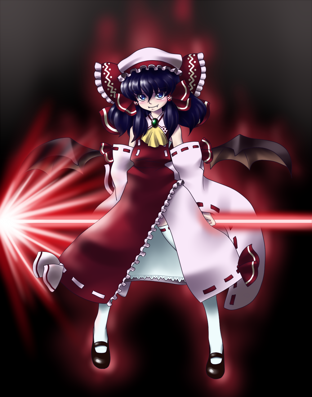 raionsan, hakurei reimu, remilia scarlet, touhou, highres, 1girl, bat wings, blue eyes, blue hair, bow, detached sleeves, fangs, female focus, full body, gradient background, hair bow, hat, if they mated, japanese clothes, matching hair/eyes, miko, short hair, solo, thighhighs, wings