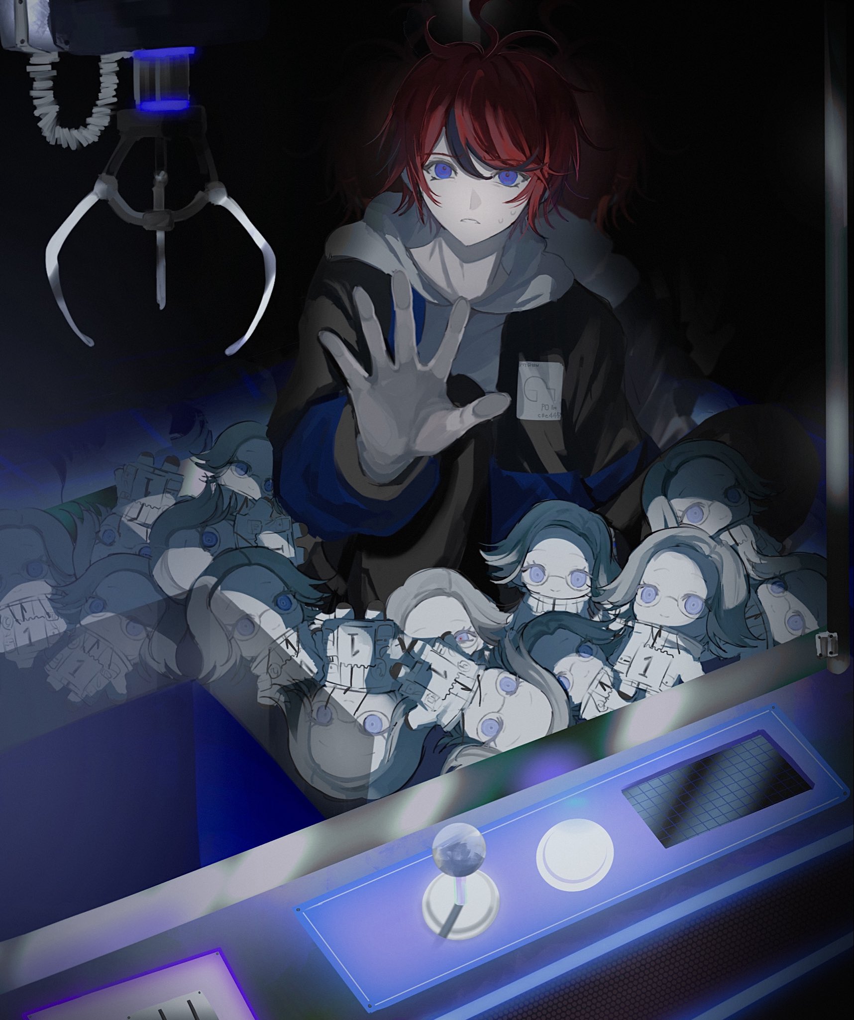 aotsuki eito, sumino takumi, the hundred line -last defense academy-, commentary, highres, symbol-only commentary, 1boy, against glass, ahoge, black streaks, blue eyes, blue jacket, character doll, crane game, doll, glasses, grey hair, grey jacket, hand on glass, hood, hoodie, in crane game, jacket, jacket over hoodie, looking at viewer, male focus, multicolored hair, multicolored jacket, noz01, open clothes, open jacket, purple eyes, red hair, short hair, solo, streaked hair, stuffed toy, sweat, two-tone jacket, white hoodie, white jacket