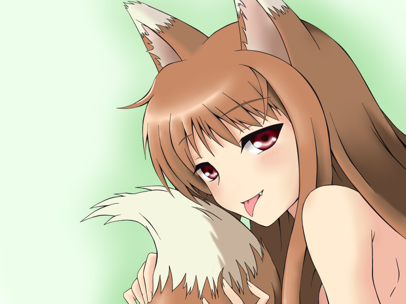 genkai madika, holo, spice and wolf, bad id, bad pixiv id, 00s, 1boy, animal ears, brown hair, fang, long hair, male focus, naughty face, nude, red eyes, solo, tail, tongue, wolf ears, wolf tail
