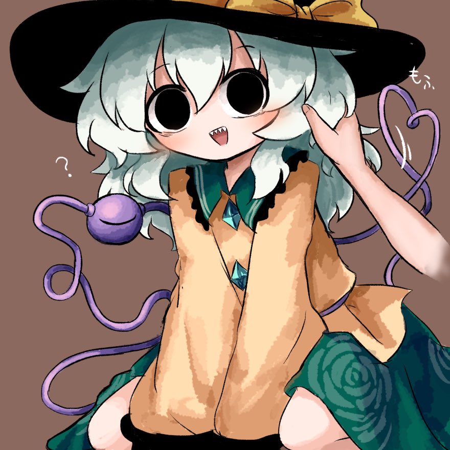 heripantomorrow, komeiji koishi, touhou, translated, 1girl, 1other, ?, black eyes, black hat, buttons, diamond button, eyeball, floral print, frilled shirt collar, frilled sleeves, frills, green hair, green skirt, hand in another's hair, hat, hat ribbon, heart, heart of string, playing with another's hair, ribbon, rose print, sharp teeth, shirt, skirt, sleeves past wrists, teeth, third eye, wide sleeves, yellow ribbon, yellow shirt