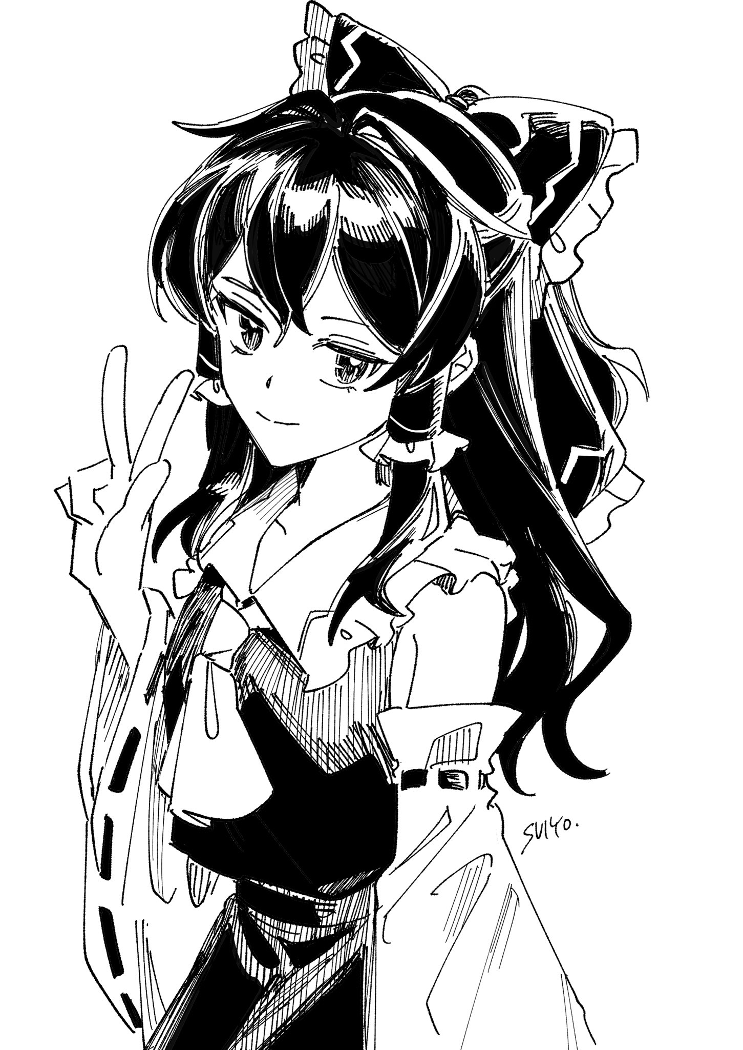 uehara suiyo, hakurei reimu, touhou, commentary, highres, 1girl, ascot, bare shoulders, bow, collarbone, detached sleeves, frilled bow, frilled hairband, frills, greyscale, hair bow, hairband, looking at viewer, monochrome, nontraditional miko, ribbon-trimmed sleeves, ribbon trim, shirt, signature, simple background, skirt, sleeveless, sleeveless shirt, solo, v