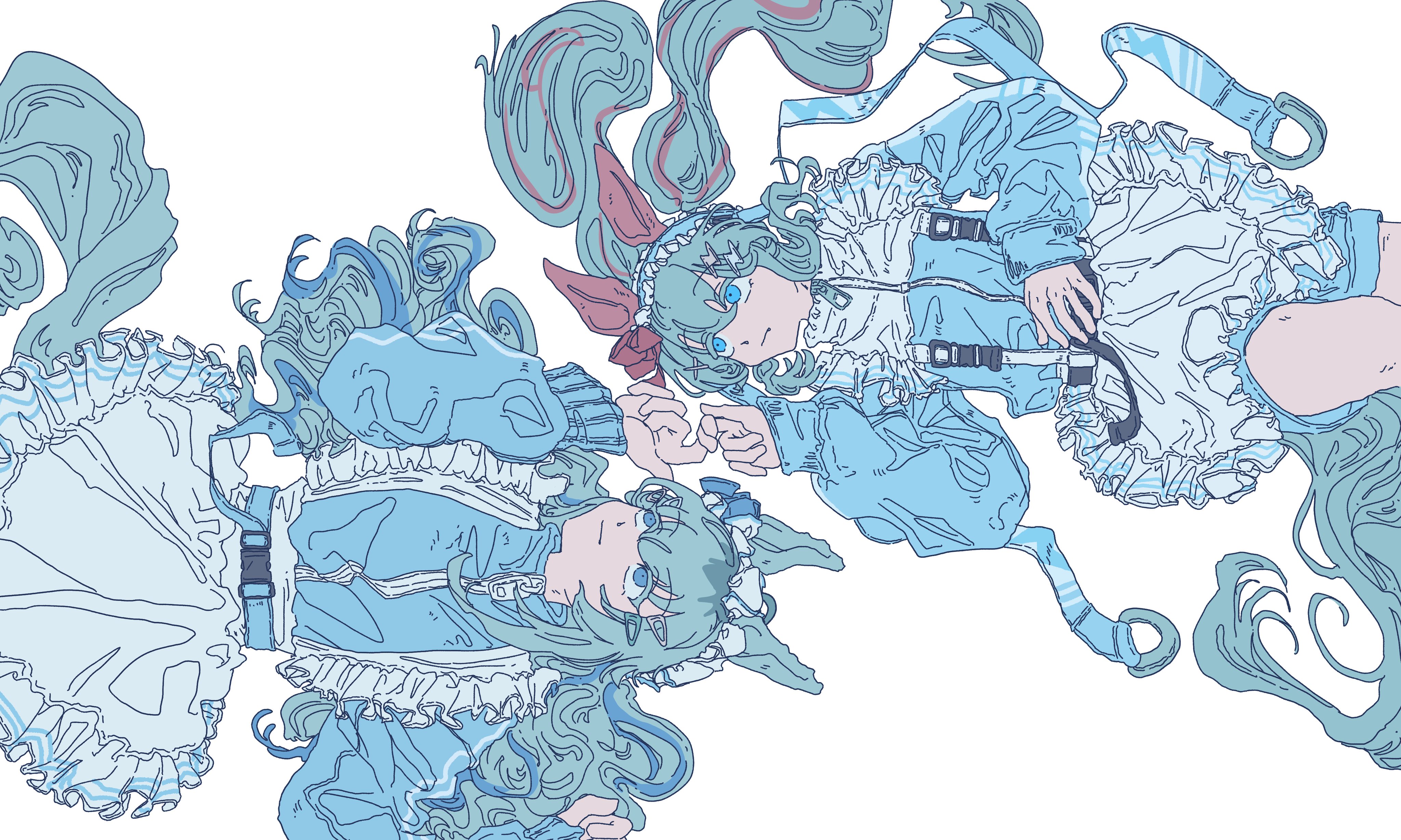 oguri cap (umamusume), tamamo cross (umamusume), umamusume, umamusume: cinderella gray, absurdres, highres, 2girls, ahoge, animal ears, apron, blue eyes, blue hair, blue headdress, blue jacket, closed mouth, ear covers, ear ornament, frilled apron, frills, geumog840523, grey hair, grey tail, hair between eyes, horse ears, horse girl, horse tail, jacket, jersey maid, long hair, long sleeves, looking at another, lying, maid, maid apron, maid headdress, multicolored hair, multiple girls, on back, red hair, simple background, smile, streaked hair, tail, track jacket, twintails, unconventional maid, very long hair, waist apron, white apron, white background, white headdress
