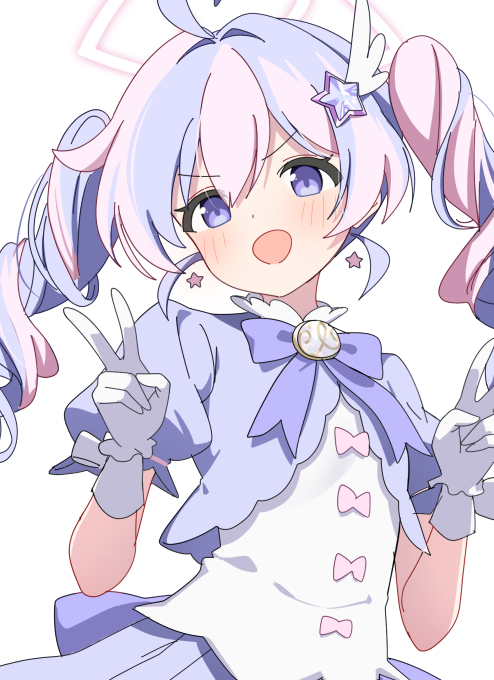 foulo paints, reisa (blue archive), reisa (magical) (blue archive), blue archive, 1girl, ahoge, blue hair, blush, bow, bowtie, double v, earrings, gloves, hair between eyes, hair ornament, halo, jewelry, long hair, looking at viewer, multicolored hair, official alternate costume, open mouth, pink hair, pink halo, puffy short sleeves, puffy sleeves, purple bow, purple bowtie, purple eyes, purple hair, purple skirt, short sleeves, simple background, skirt, smile, solo, star (symbol), star earrings, star hair ornament, streaked hair, twintails, two-tone hair, upper body, v, white background, white gloves