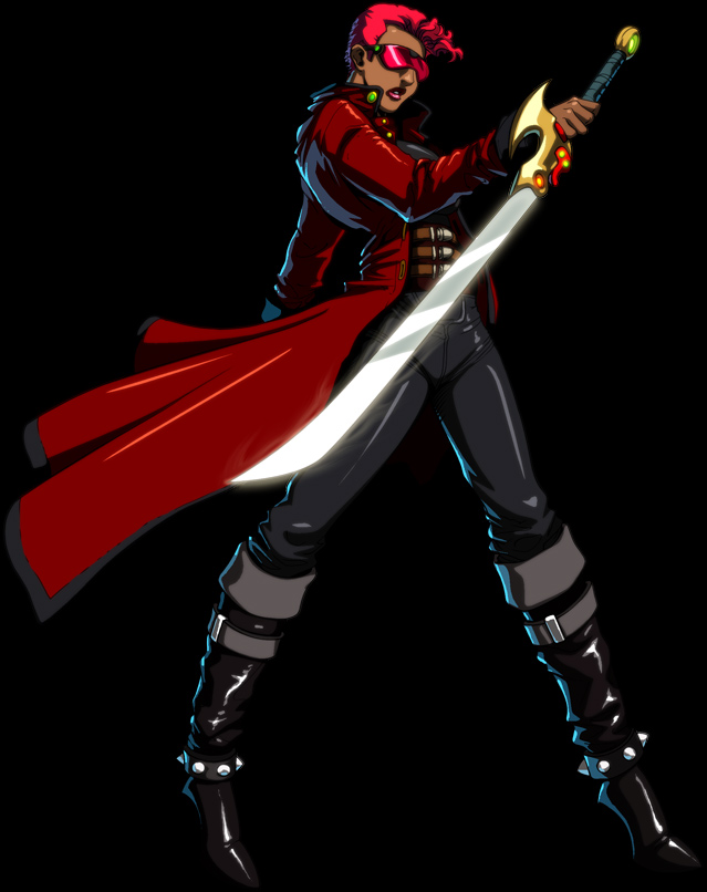 vanessa voss, kongai, blade, 1boy, boots, coat, male focus, red hair, solo, spikes, sunglasses, sword, trench coat, vampire, weapon