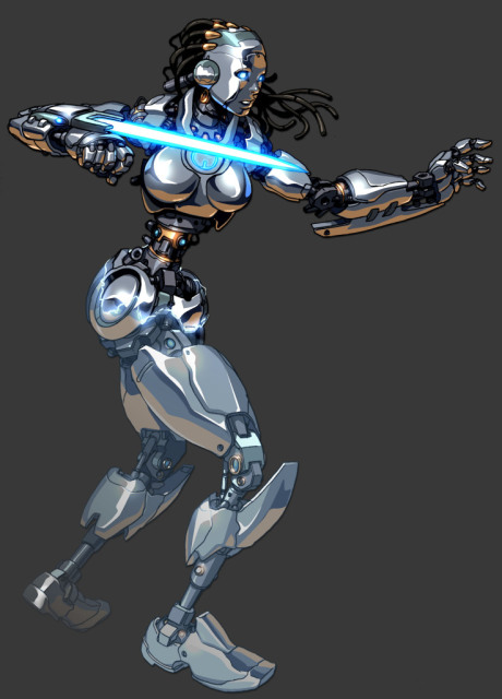 kongai, terminator (series), the terminator, blade, 1girl, arm blade, armor, assassin, blue eyes, breasts, cyborg, dreadlocks, energy sword, female focus, lightsaber, machine, robot, solo, sword, weapon
