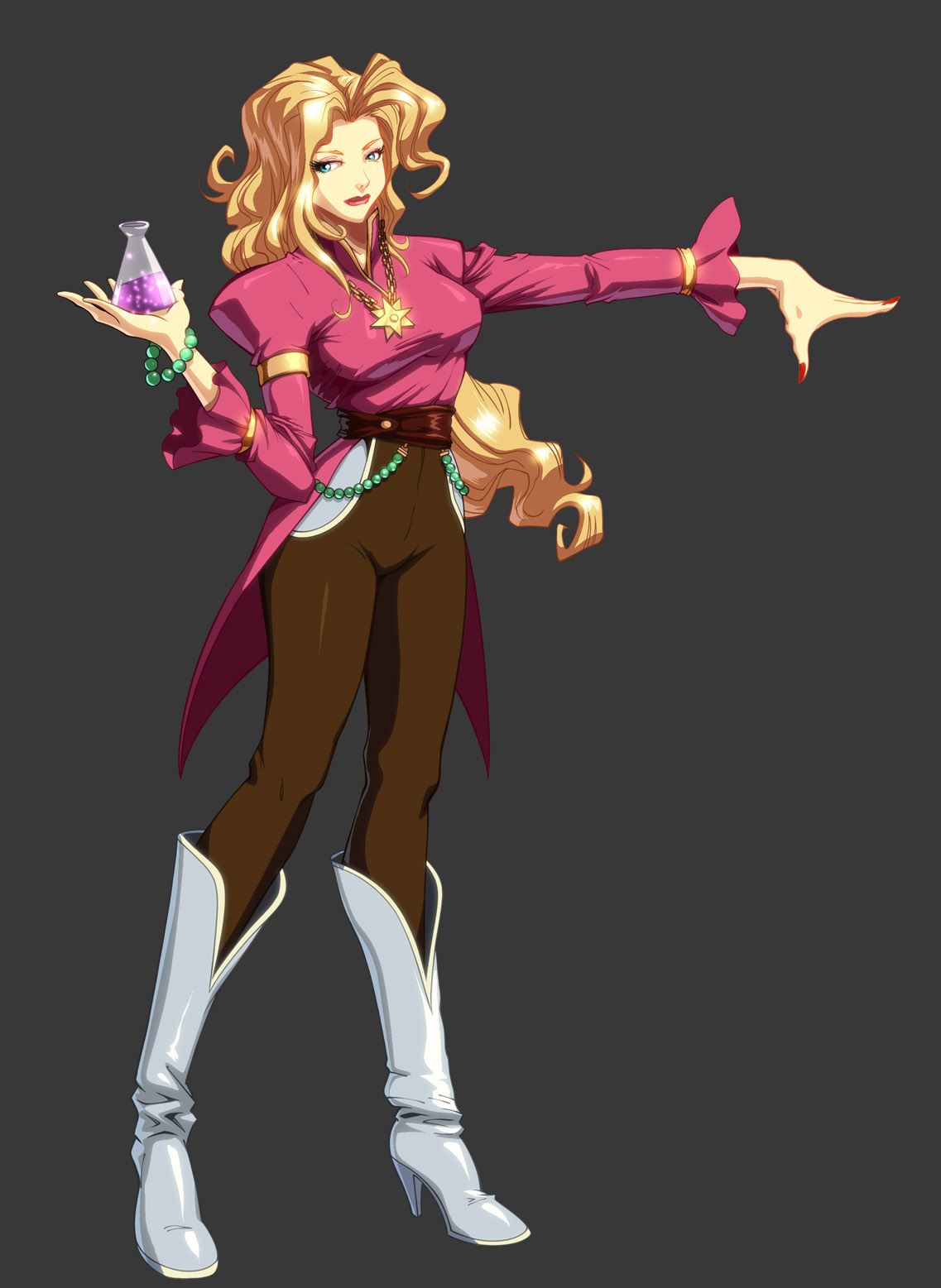 sorcery, margo, margo (kongai), kongai, highres, 1boy, blonde hair, blue eyes, boots, bracelet, high heels, jewelry, magic, male focus, nail polish, potion, red nails, sash, shoes, simple background, solo, talisman, vial, witch