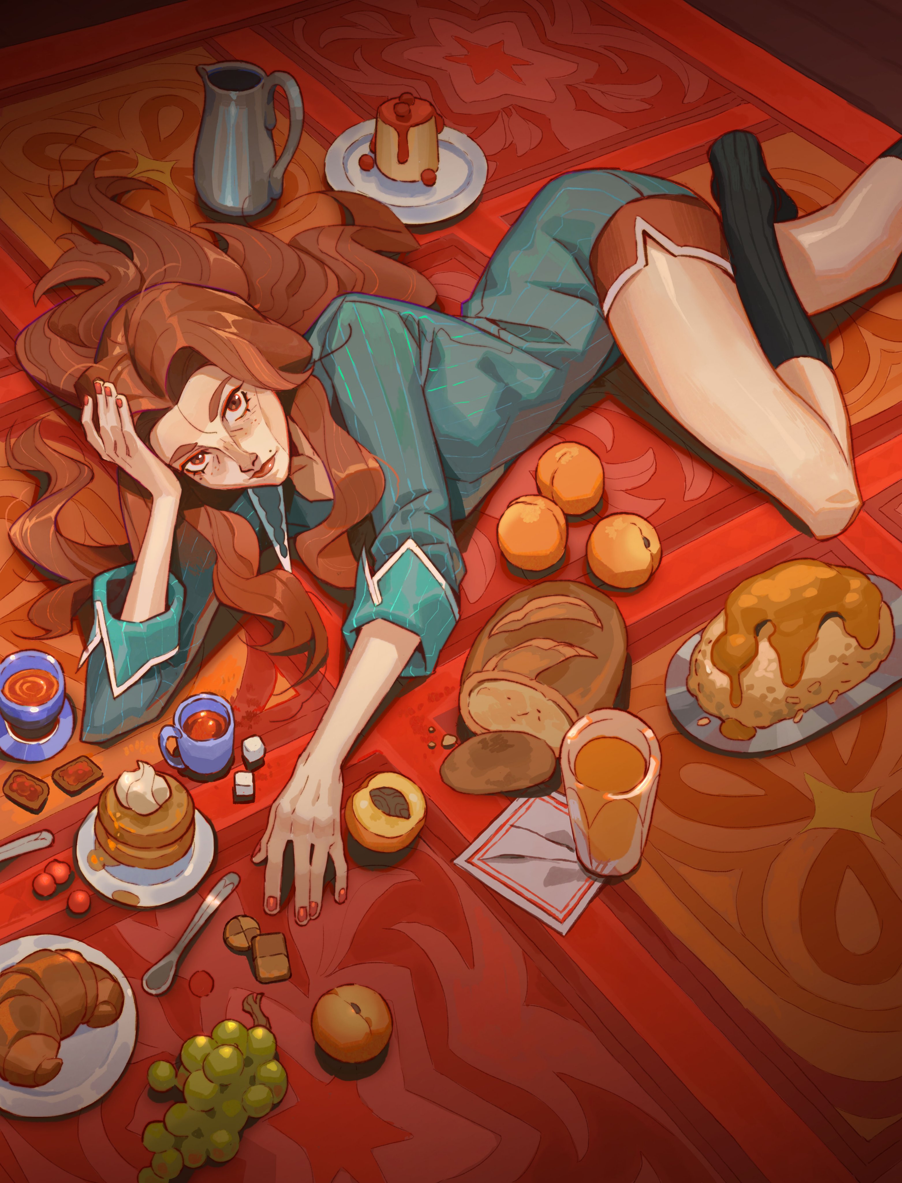 cami (camisleeps), original, absurdres, commentary, english commentary, highres, 1girl, aqua shirt, arm support, berry, black socks, bread, brown hair, cookie, croissant, cup, dolphin shorts, food, fruit, glass, grapes, long hair, looking at viewer, lying, mug, no shoes, on floor, on side, peach, red shorts, saucer, shirt, short shorts, shorts, socks, solo, spoon, sugar cube