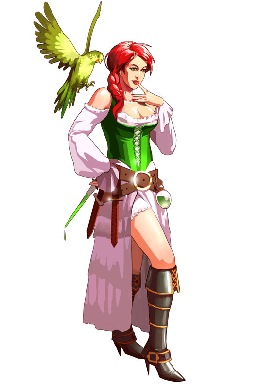 kongai, 1girl, bare shoulders, belt, bird, boots, braid, breasts, cleavage, corset, dagger, dress, female focus, green eyes, green theme, high heels, knife, multiple belts, parrot, pirate, red hair, sheath, sheathed, shoes, single braid, solo, weapon, wench