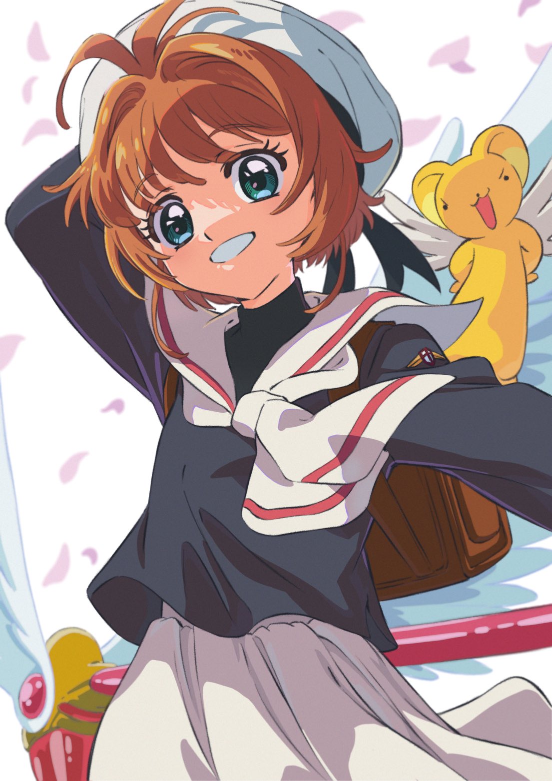 gyuhii, kero (cardcaptor sakura), kinomoto sakura, cardcaptor sakura, highres, 1girl, arm up, black shirt, brown hair, cowboy shot, fuuin no tsue, green eyes, grin, hat, long sleeves, neckerchief, open mouth, pleated skirt, sailor collar, school uniform, serafuku, shirt, short hair, skirt, smile, turtleneck, turtleneck shirt, white hat, white neckerchief, white sailor collar, white skirt